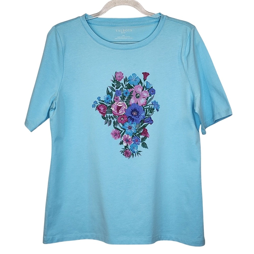Talbots Womens Blue Short Sleeve T Shirt Floral Graphic Print Size Petite Medium